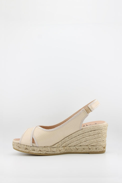 Gaimo Peep-Toe Espadrille Wedge Slingback with Patent Leather Trim